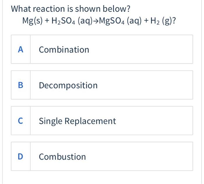 Solved What reaction is shown below? Mg(s) + H2SO4 | Chegg.com