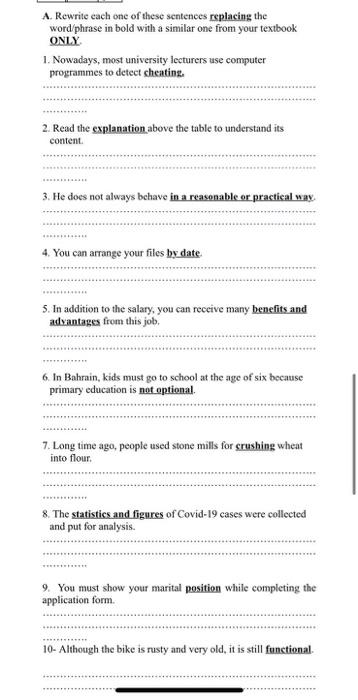 Solved A. Rewrite each one of these sentences replacing the | Chegg.com