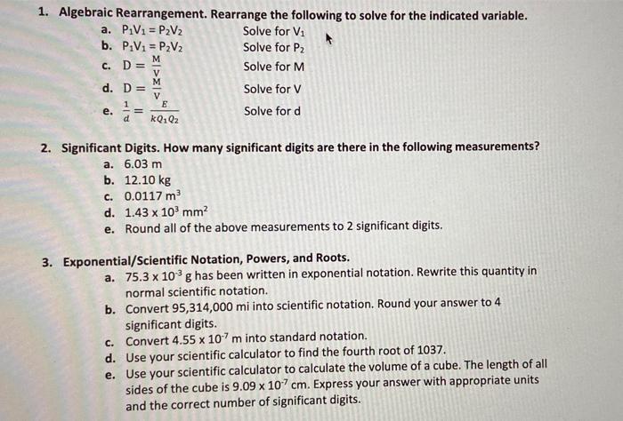 Solved 1. Algebraic Rearrangement. Rearrange the following | Chegg.com