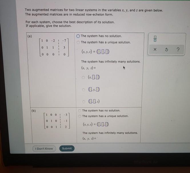 Solved Two augmented matrices for two linear systems in the | Chegg.com