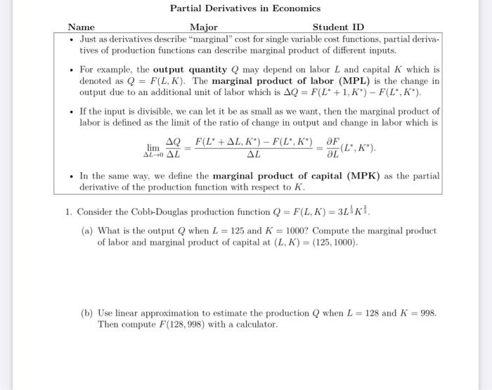 Solved Major Partial Derivatives in Economics Name Student | Chegg.com