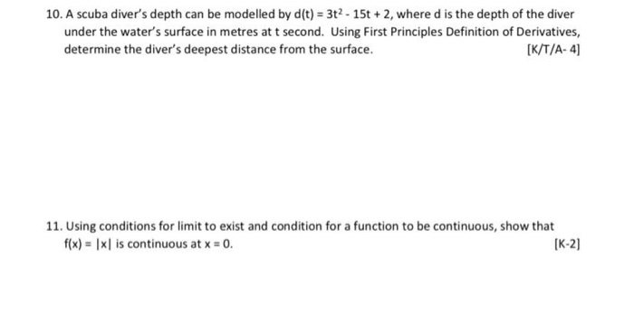 Solved 10. A scuba diver's depth can be modelled by d(t) = | Chegg.com