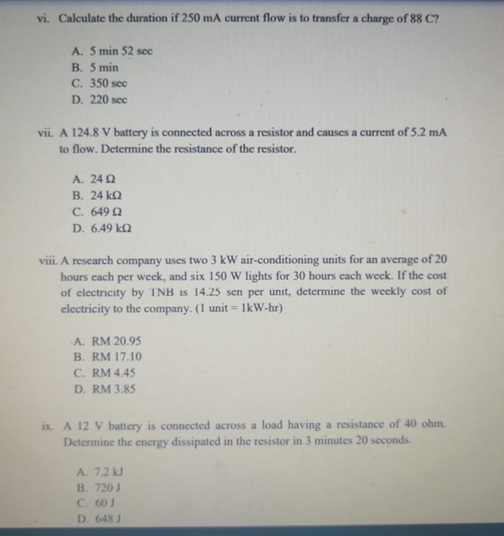 Solved Vi Calculate The Duration If 250 Ma Current Flow Chegg Com