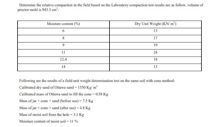 Solved Determine the relative compaction in the field based | Chegg.com