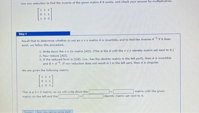 Solved Use row reduction to find the inverse of the given | Chegg.com