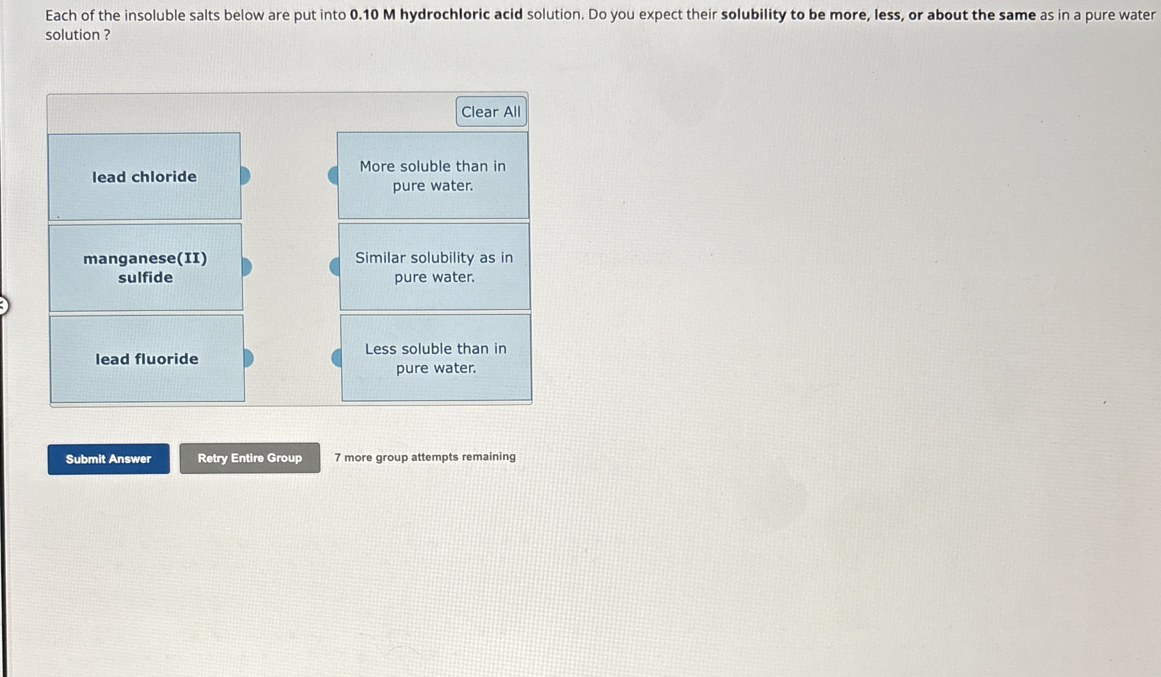 Each of the insoluble salts below are put into 0.10M