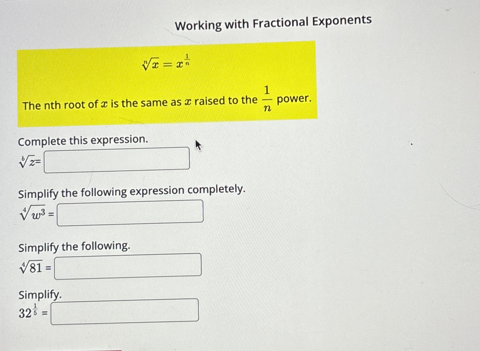 solved-working-with-fractional-exponentsxn-x1nthe-nth-root-chegg