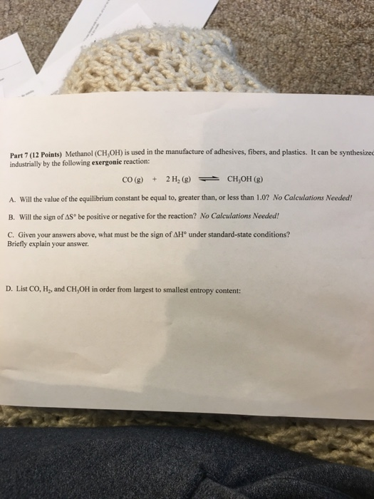 Solved Part 2012 Points) Methanol (CH,OH) Is Used In The | Chegg.com