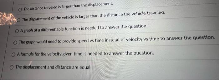 The distance traveled is larger than the displacement.
The displacement of the vehicle is larger than the distance the vehicl