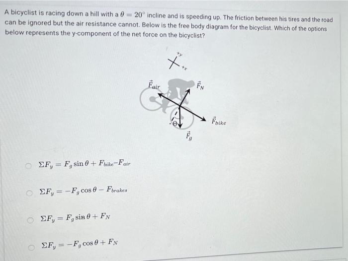 Solved A bicyclist is racing down a hill with a 0 = 20° | Chegg.com