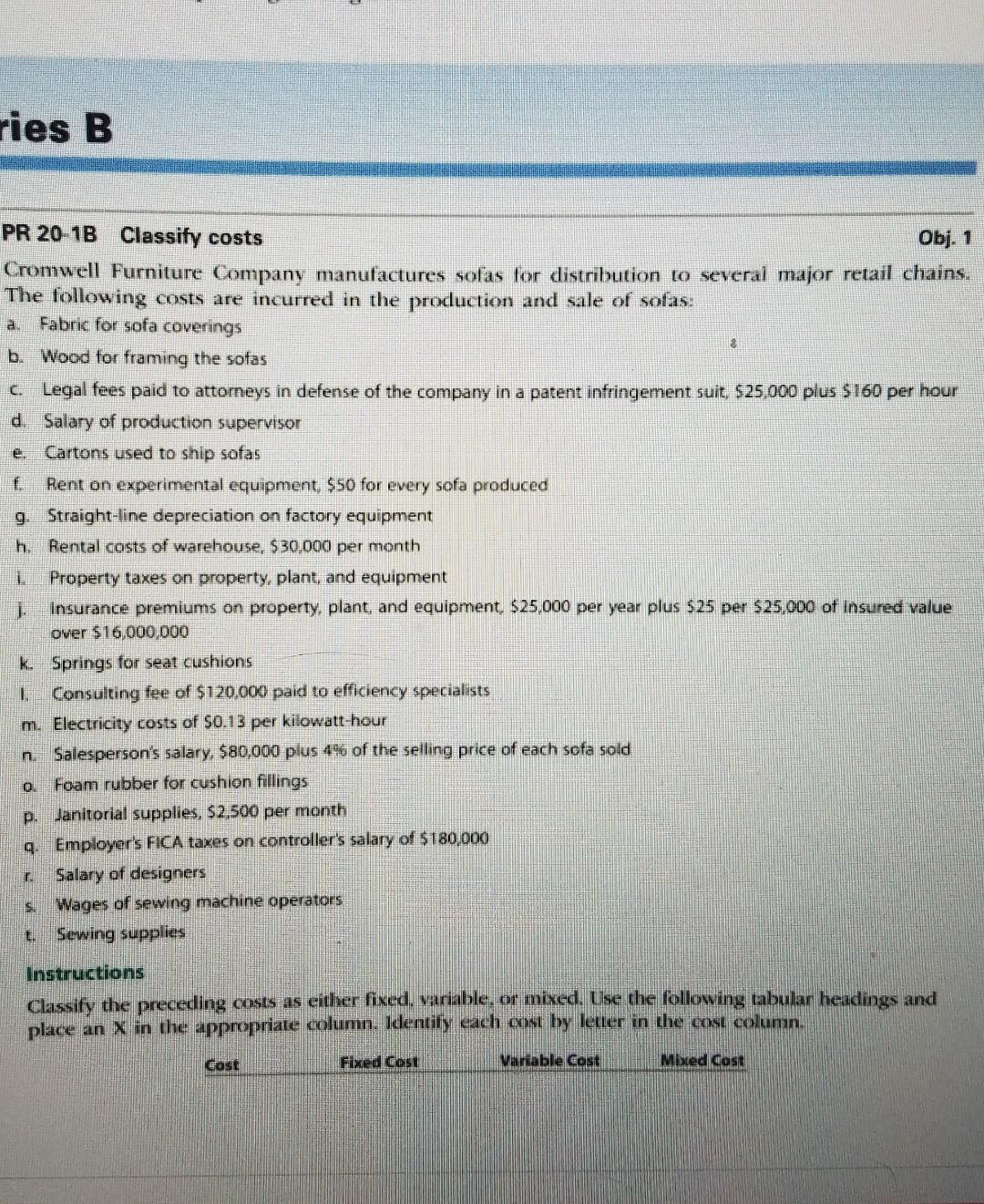 ries B a PR 201B Classify costs Obj. 1 Cromwell