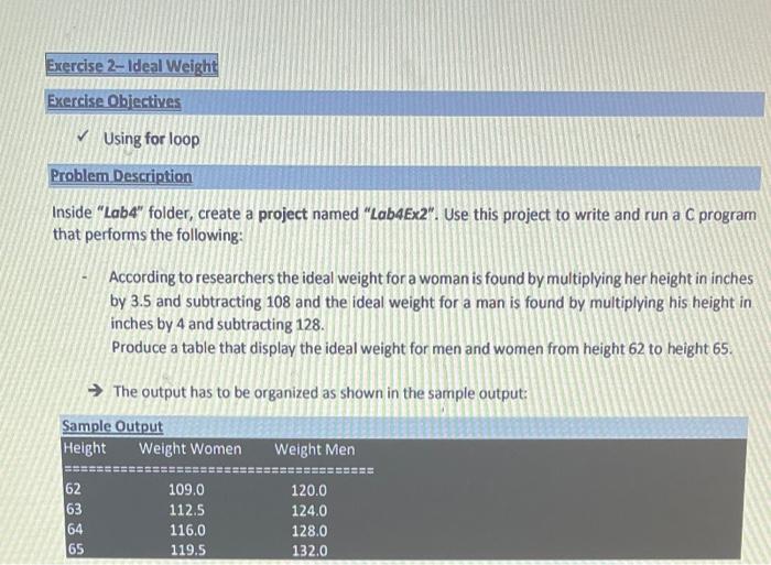 Solved Exercise 2-Ideal Weight Exercise Objectives Using | Chegg.com