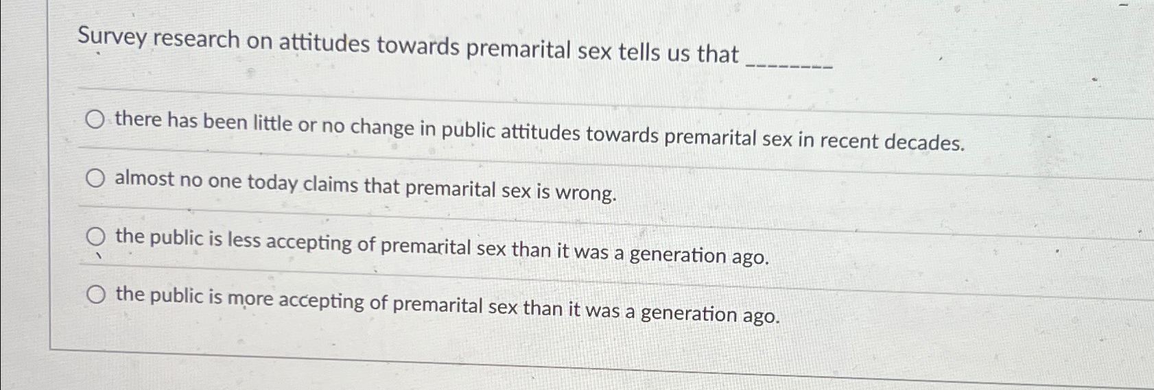 Solved Survey Research On Attitudes Towards Premarital Sex