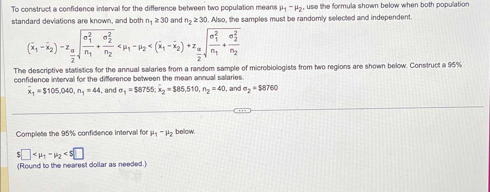 Solved To construct a confidence interval for the difference | Chegg.com