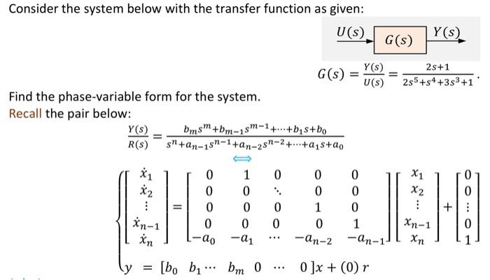 Solved Consider the system below with the transfer function | Chegg.com