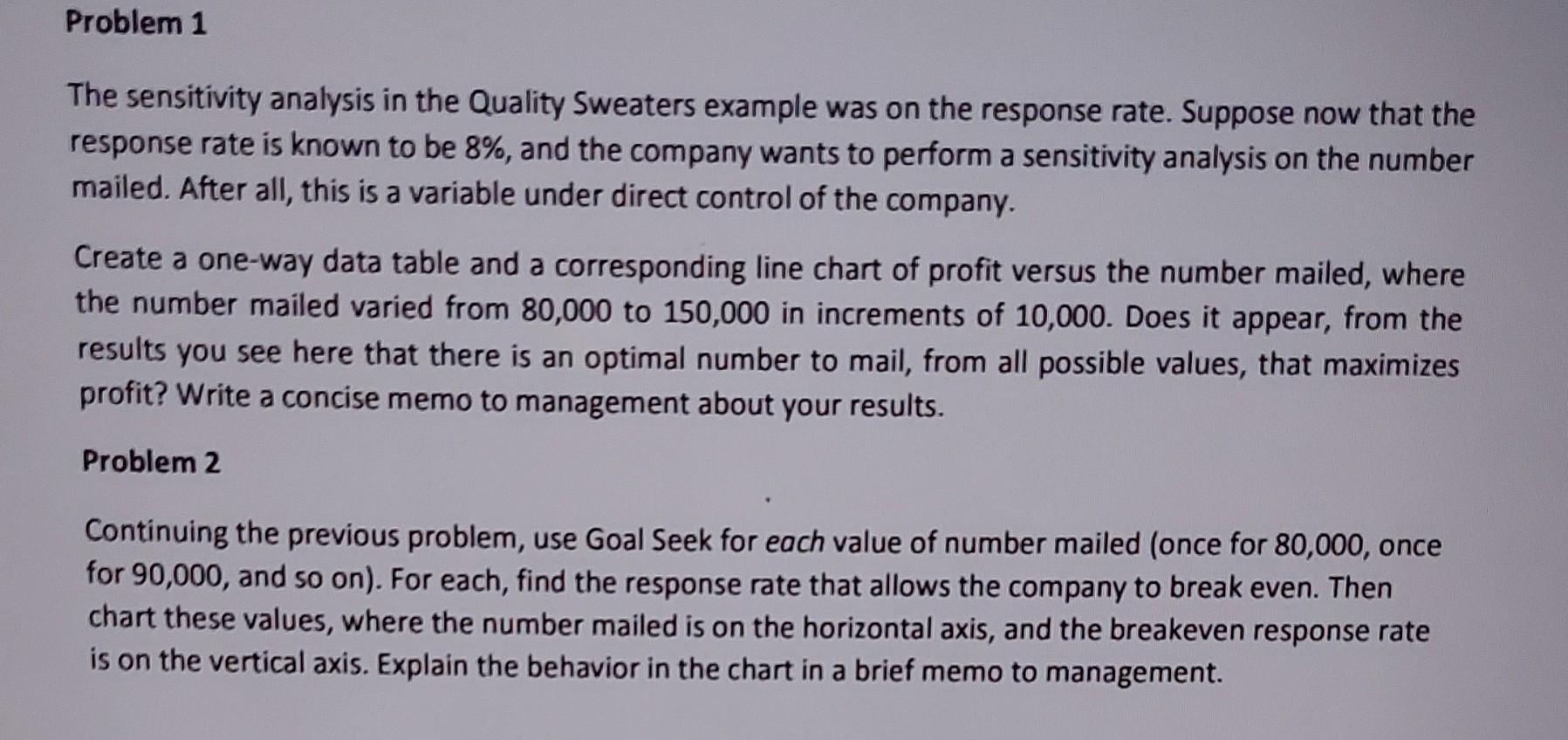 The sensitivity analysis in the Quality Sweaters