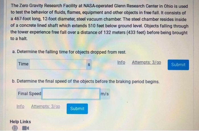 Solved The Zero Gravity Research Facility at NASA-operated | Chegg.com