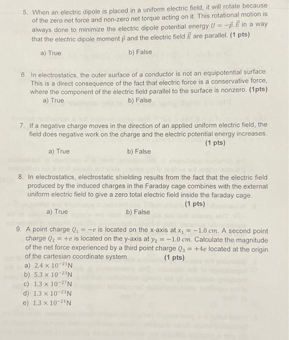 Solved 5. When an electric dipole is placed in a uniform | Chegg.com