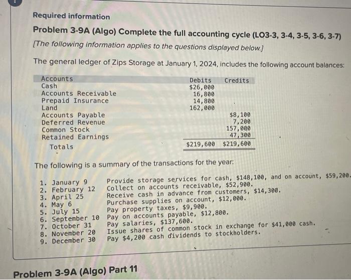Solved Required information Problem 3-9A (Algo) Complete the | Chegg.com