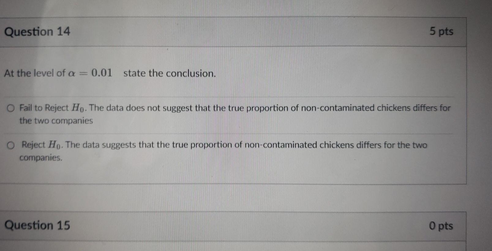 Solved Question 14 5 pts At the level of a = 0.01 state the | Chegg.com