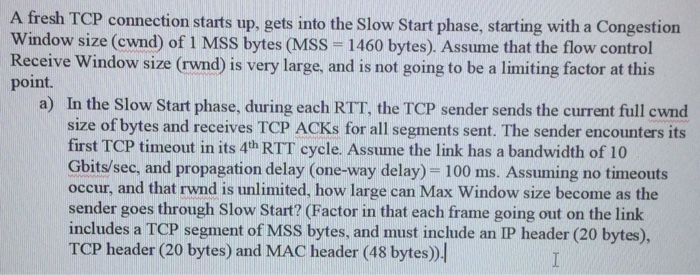 Solved A fresh TCP connection starts up, gets into the Slow | Chegg.com