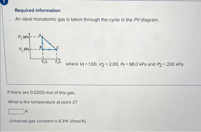 Required information
An ideal monatomic gas is taken through the cycle in the PV diagram.
where \( V_{1}=1.00, V_{2}=2.00, P_