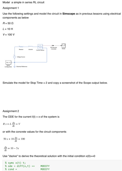 Solved Model a simple in series RL circuit Assignment 1 Use | Chegg.com