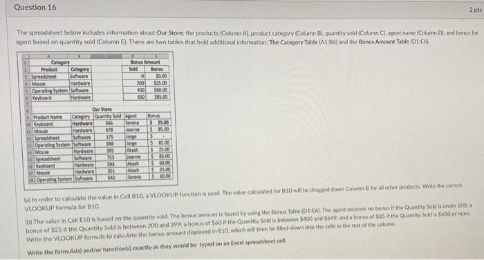 Solved Question 16 2 pts The spreadsheet below includes | Chegg.com