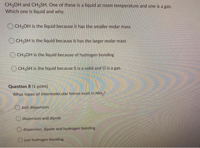 Solved CH3OH and CH3SH. One of these is a liquid at room | Chegg.com