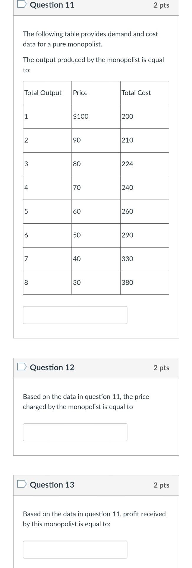 Solved n Question 11 2 pts The following table provides | Chegg.com