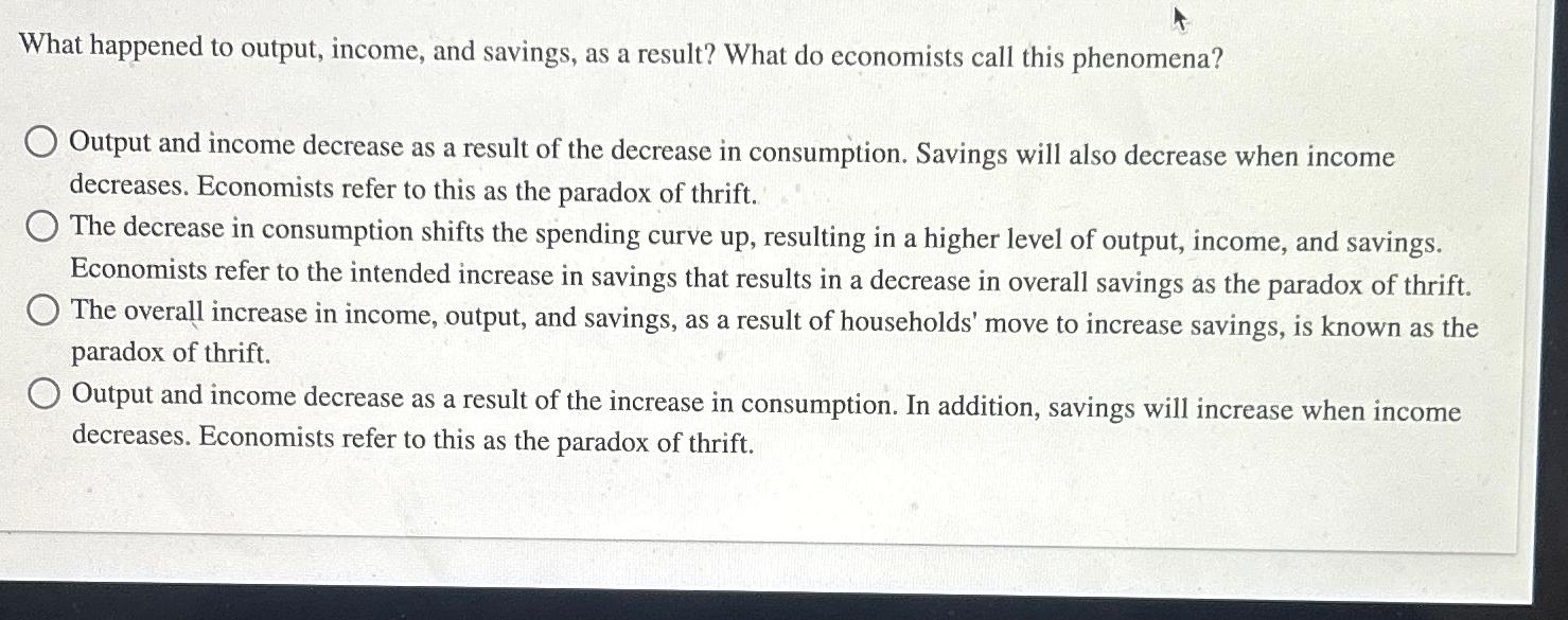 Solved What happened to output, income, and savings, as a | Chegg.com