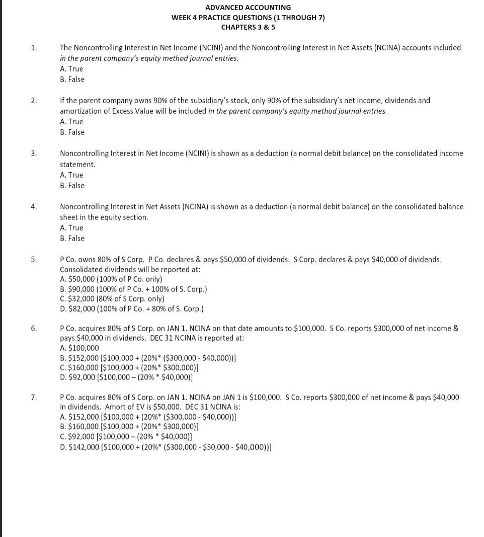 Solved ADVANCED ACCOUNTING WEEK 4 PRACTICE QUESTIONS (1 | Chegg.com