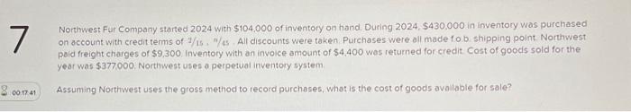 Solved Northwest Fur Company started 2024 with $104,000 of | Chegg.com