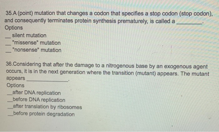 Solved 35.A (point) mutation that changes a codon that | Chegg.com