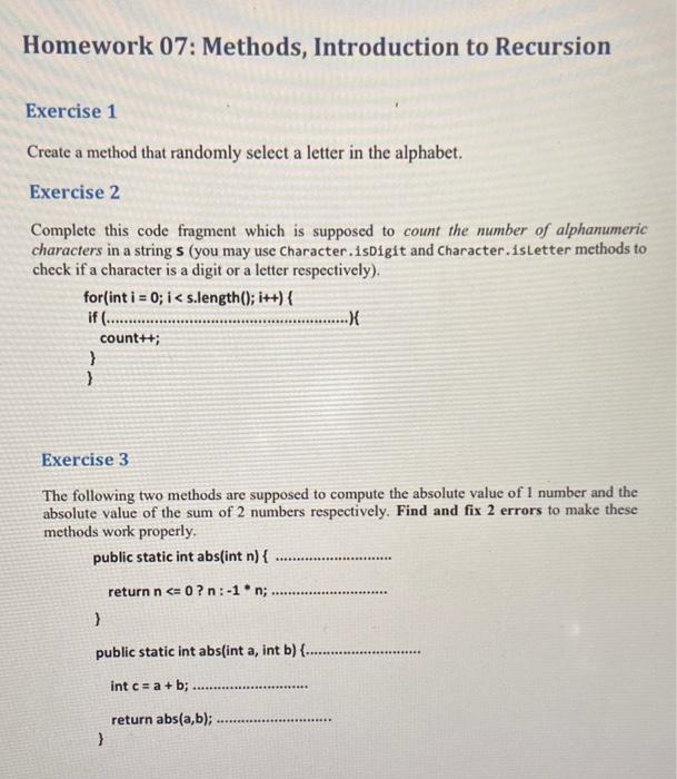 Solved Homework 07: Methods, Introduction to Recursion | Chegg.com
