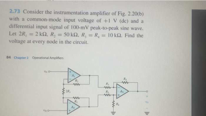 2.73 Consider the instrumentation amplifier of Fig. 2.20(b) with a common-mode input voltage of \( +1 \mathrm{~V}(\mathrm{dc}