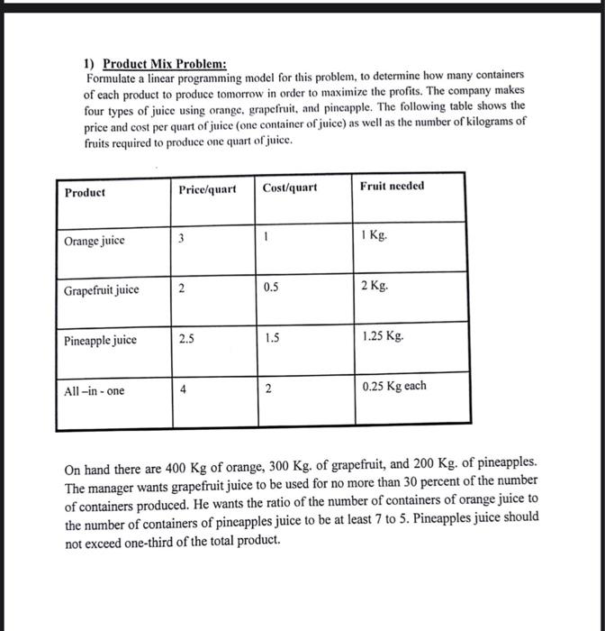 Solved 1) Product Mix Problem: Formulate a linear | Chegg.com