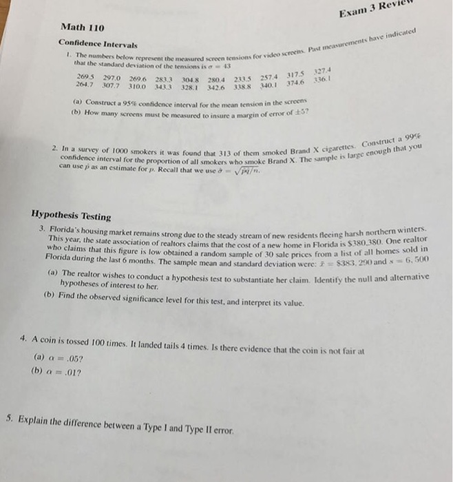 Exam 3 Revi Math 110 Confidence Intervals I. The | Chegg.com