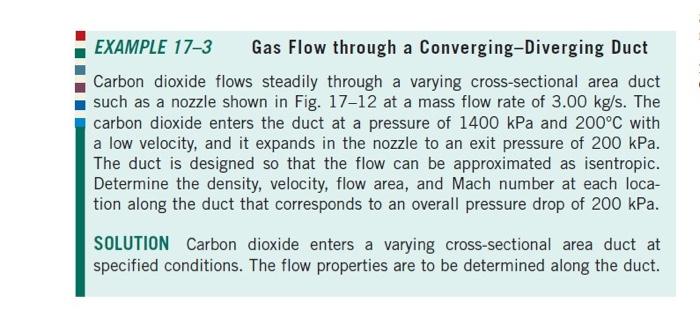 EXAMPLE 17-3 Gas Flow through a Converging-Diverging Duct
Carbon dioxide flows steadily through a varying cross-sectional are