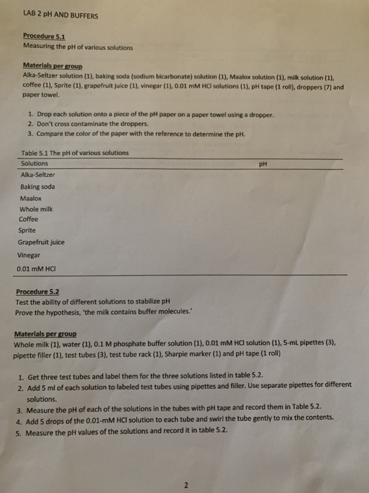 LAB 2 pH AND BUFFERS Procedure 5.1 Measuring the pH