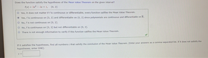 Solved Does the function satisfy the hypotheses of the Mean | Chegg.com