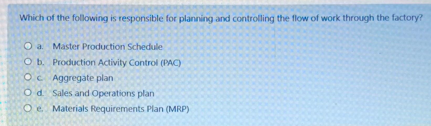 Manufacturing Activity Control Program Solved Which of the following is responsible for planning | Chegg.com