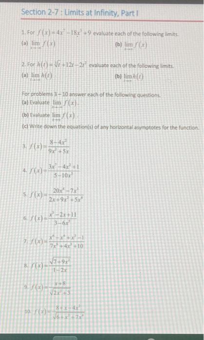 Solved Section 2-7: Limits at Infinity, Part 1 1. For | Chegg.com
