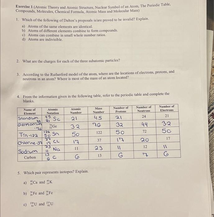 Solved Exercise 1 (Atomic Theory and Atomic Structure, | Chegg.com