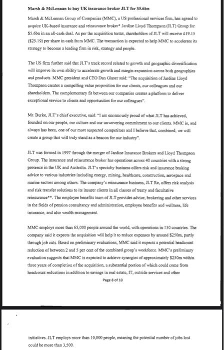 Solved Marsh #92 Mel ennan to buy UK insurance broker J T for Chegg com