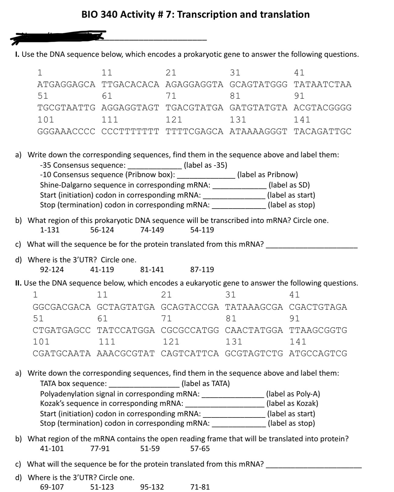 Solved BIO 340 ﻿Activity # 7: Transcription and translation | Chegg.com