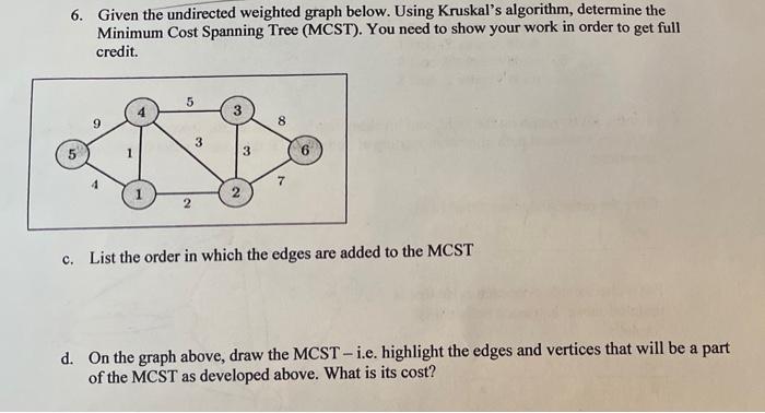 Solved 6. Given the undirected weighted graph below. Using | Chegg.com