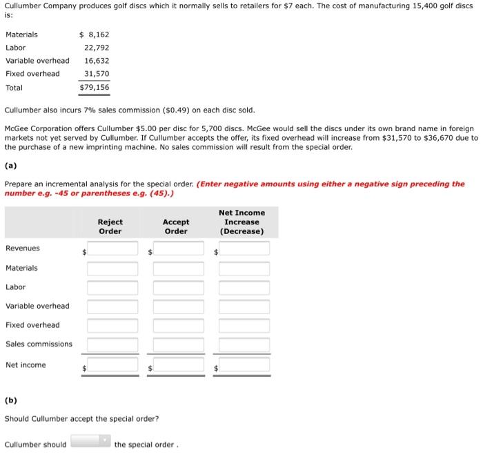 Solved Cullumber Company Produces Golf Discs Which It | Chegg.com