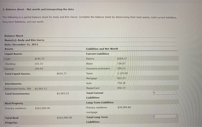 Solved 2. Balance sheet - Net worth and interpreting the | Chegg.com