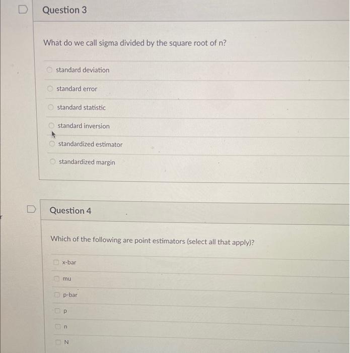 Solved What do we call sigma divided by the square root of n | Chegg.com